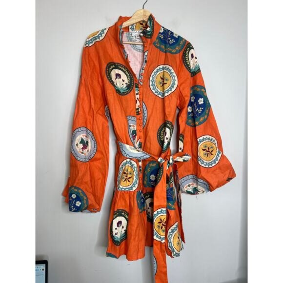 NEW Palm Noosa Austin Linen Long Balloon Sleeve Mini Dress Orange Plates Size:12 - Picture 2 of 7